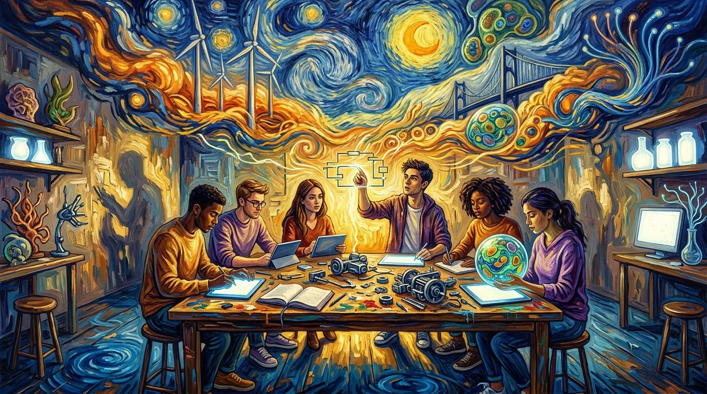 Équipe collaborative travaillant sur projets créatifs et technologiques ensemble