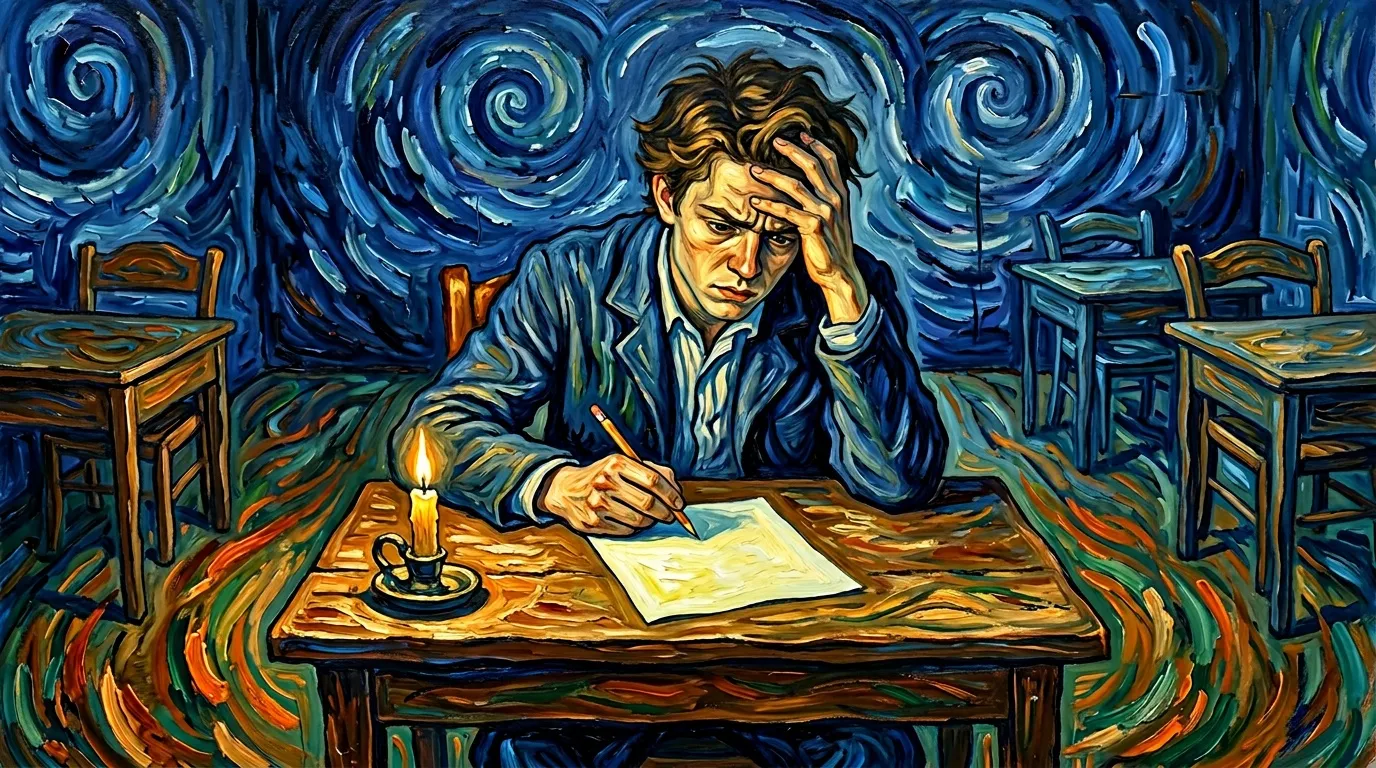 Homme &eacute;crivant &agrave; la chandelle, ciel &eacute;toil&eacute; bleu tourbillonnant