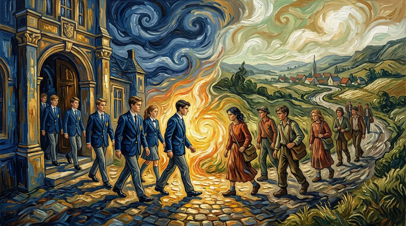 Hommes en costumes bleus rencontrent paysans dans paysage rural