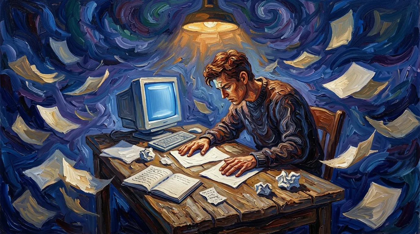 Homme écrivant à son bureau sous une lampe, ciel bleu tourbillonnant