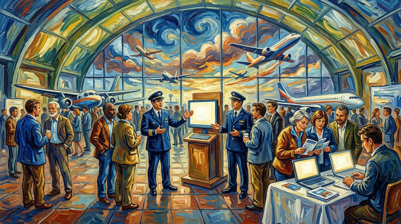 Pilots and visitors in a modern airport terminal with aircraft display