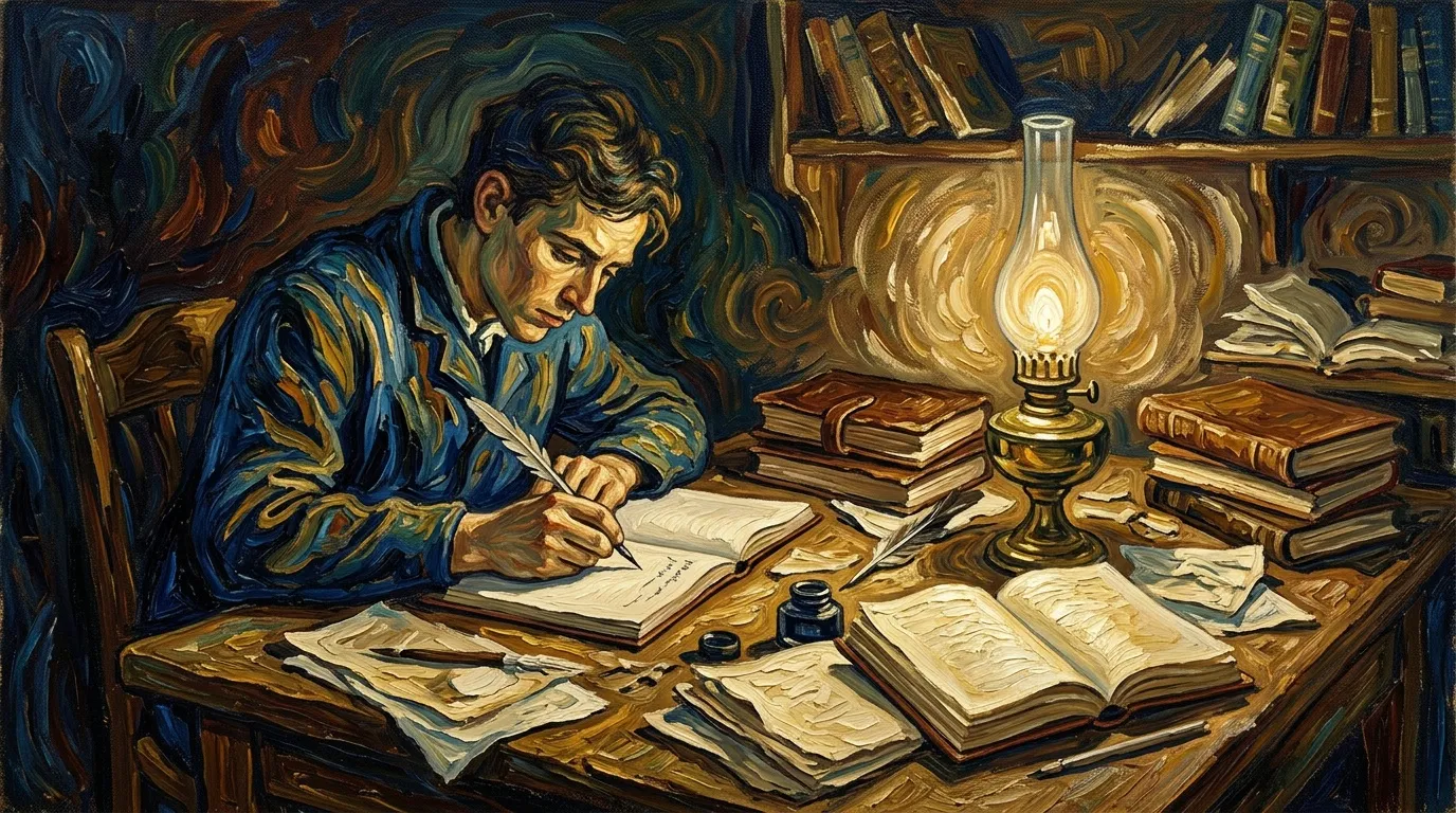 Homme écrivant à son bureau illuminé par une lampe à huile