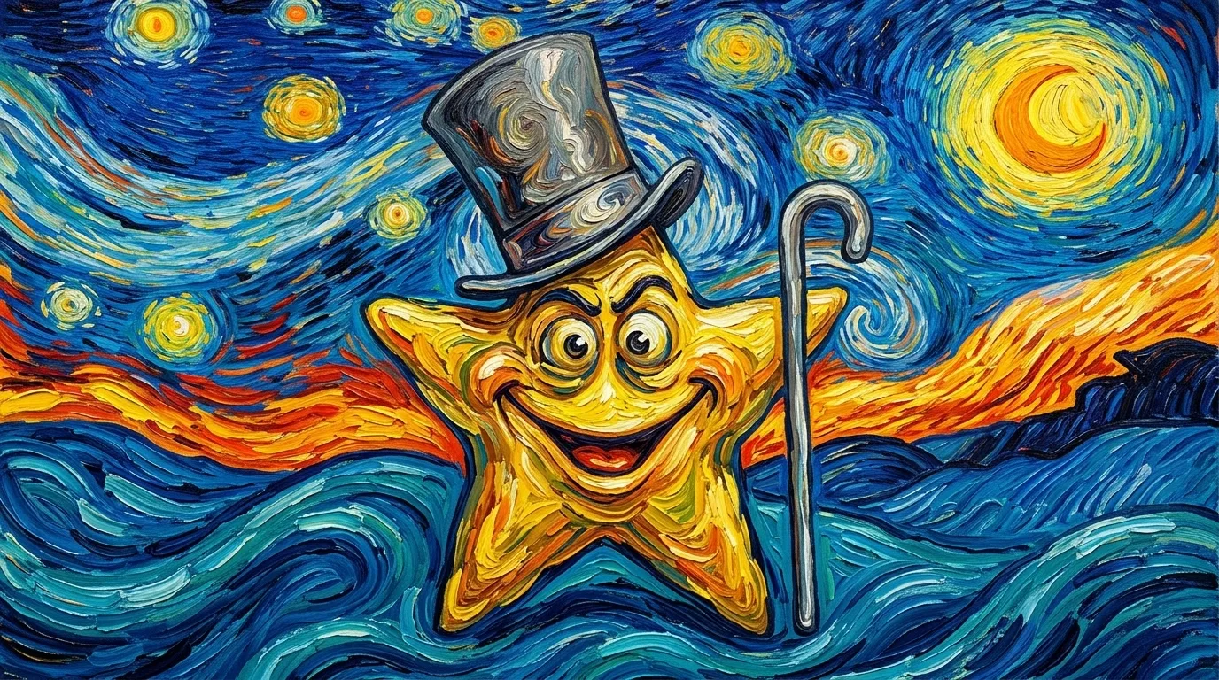 &Eacute;toile jaune souriante avec haut-de-forme dans ciel &eacute;toil&eacute; bleu