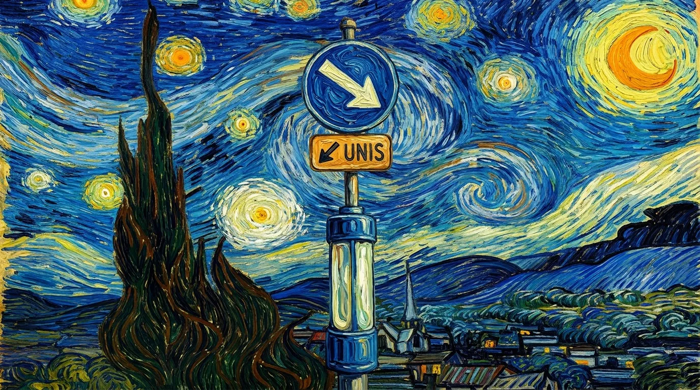 Panneau UNIS dans un ciel nocturne &eacute;toil&eacute; Van Gogh
