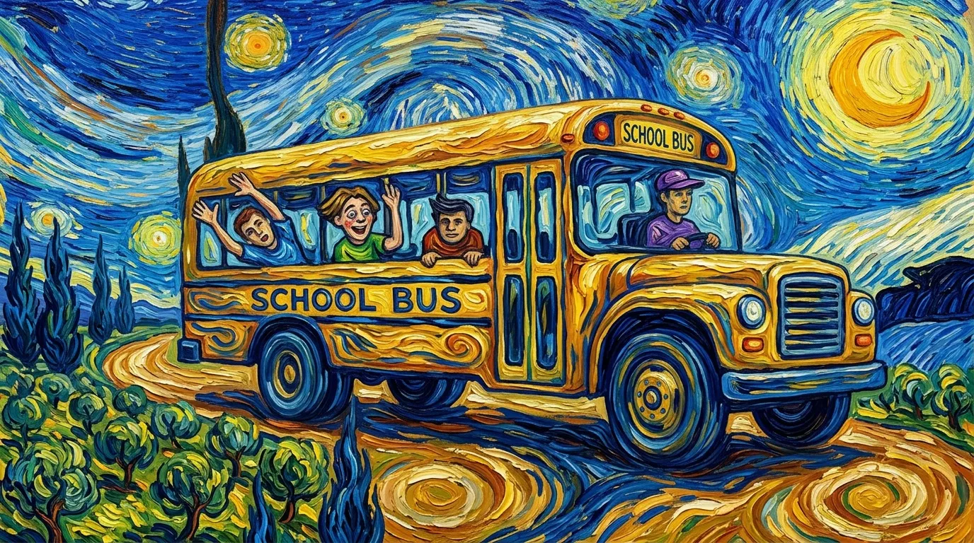 Bus scolaire jaune style Van Gogh avec enfants heureux