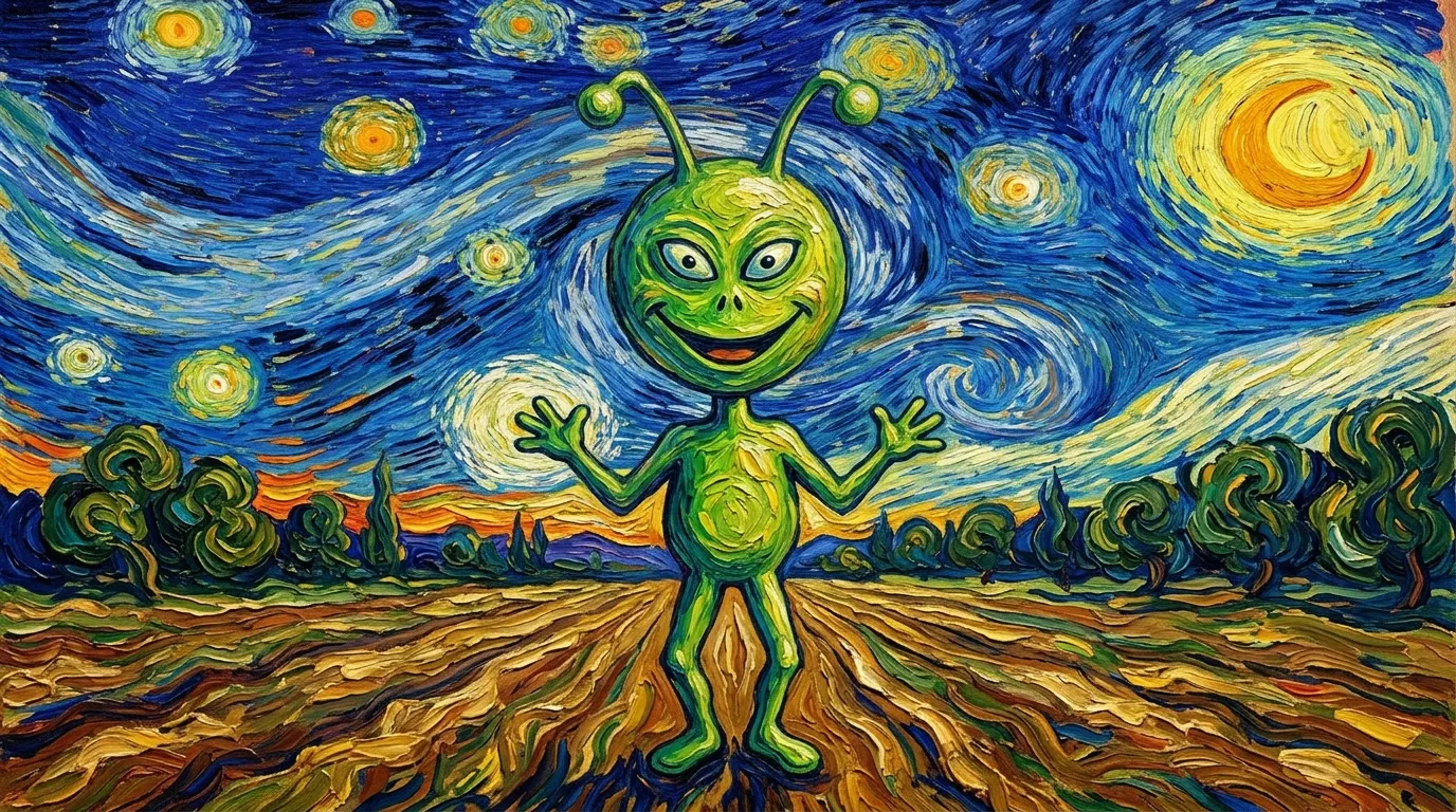 Cr&eacute;ature verte souriante sous ciel &eacute;toil&eacute; Van Gogh