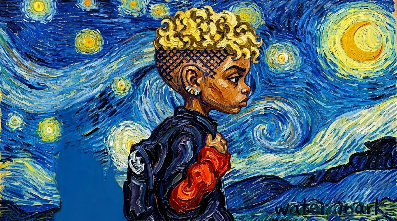 Femme profil&eacute;e sous ciel &eacute;toil&eacute; Van Gogh