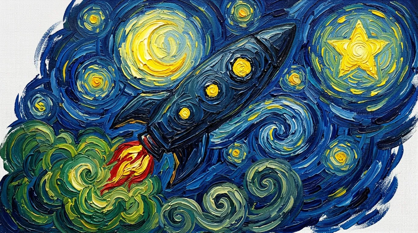 Peinture style Van Gogh : fusée dans ciel étoilé bleu
