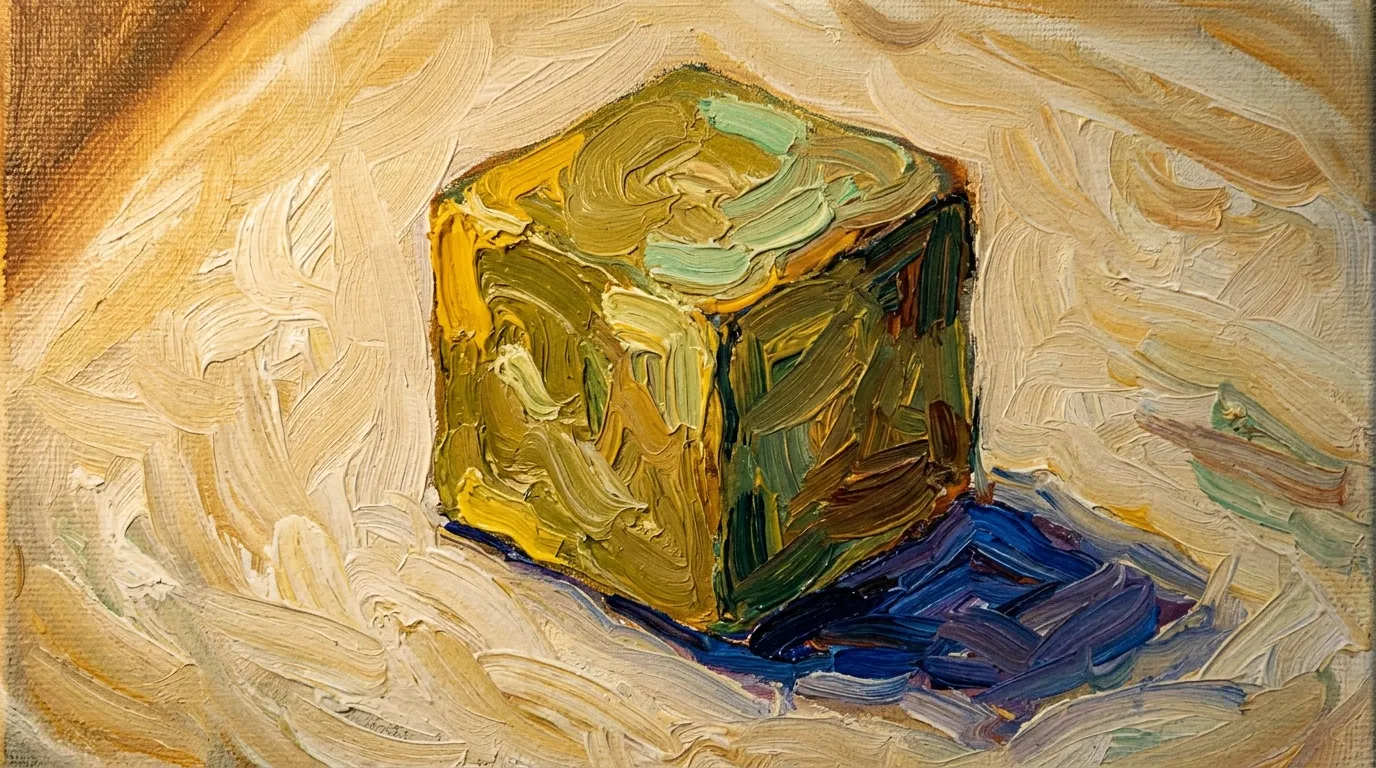 Peinture abstraite d'un cube aux couleurs jaunes, vertes et bleues
