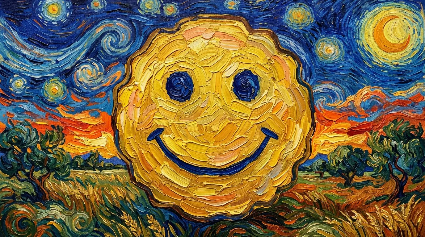 Smiley face jaune g&eacute;ant dans style de nuit &eacute;toil&eacute;e Van Gogh