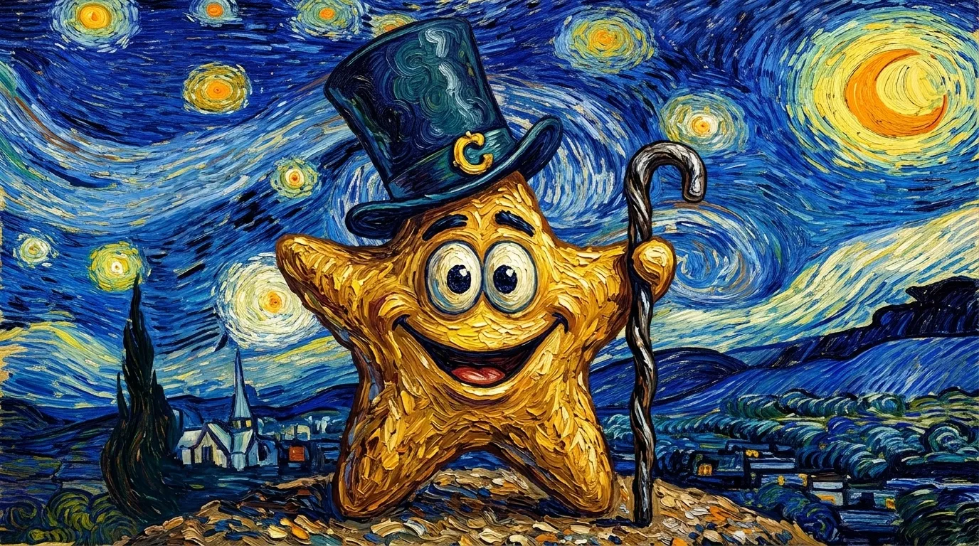 Cr&eacute;ature dor&eacute;e souriante avec haut-de-forme dans nuit &eacute;toil&eacute;e Van Gogh