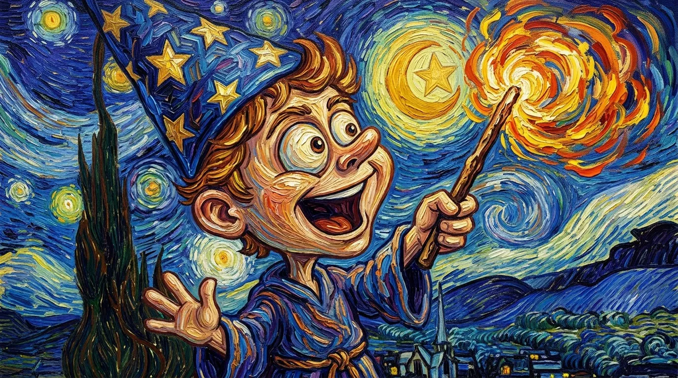 Personnage joyeux tenant une torche sous un ciel &eacute;toil&eacute; Van Gogh