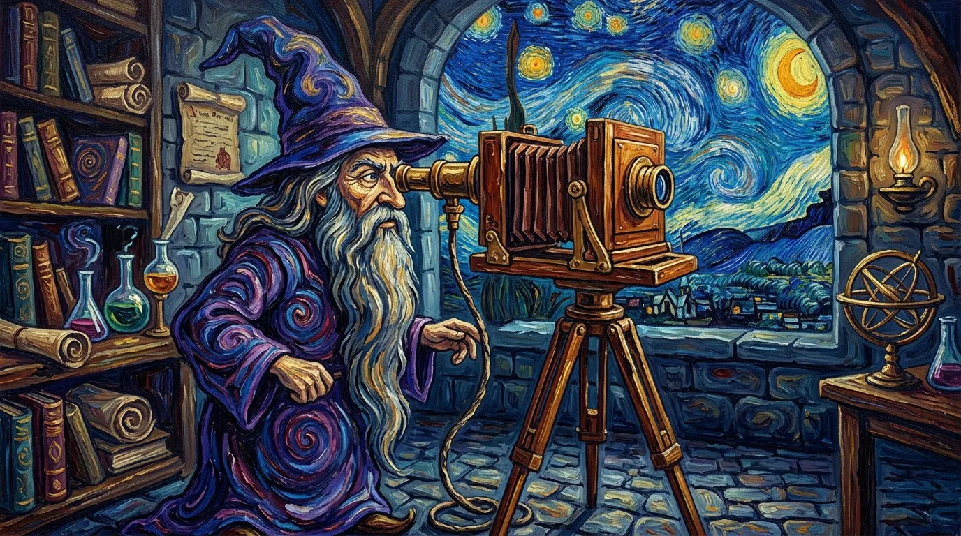 Magicien observant le ciel &eacute;toil&eacute; avec un t&eacute;lescope ancien