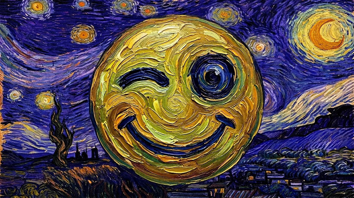 Smiley g&eacute;ant jaune dans ciel &eacute;toil&eacute; Van Gogh