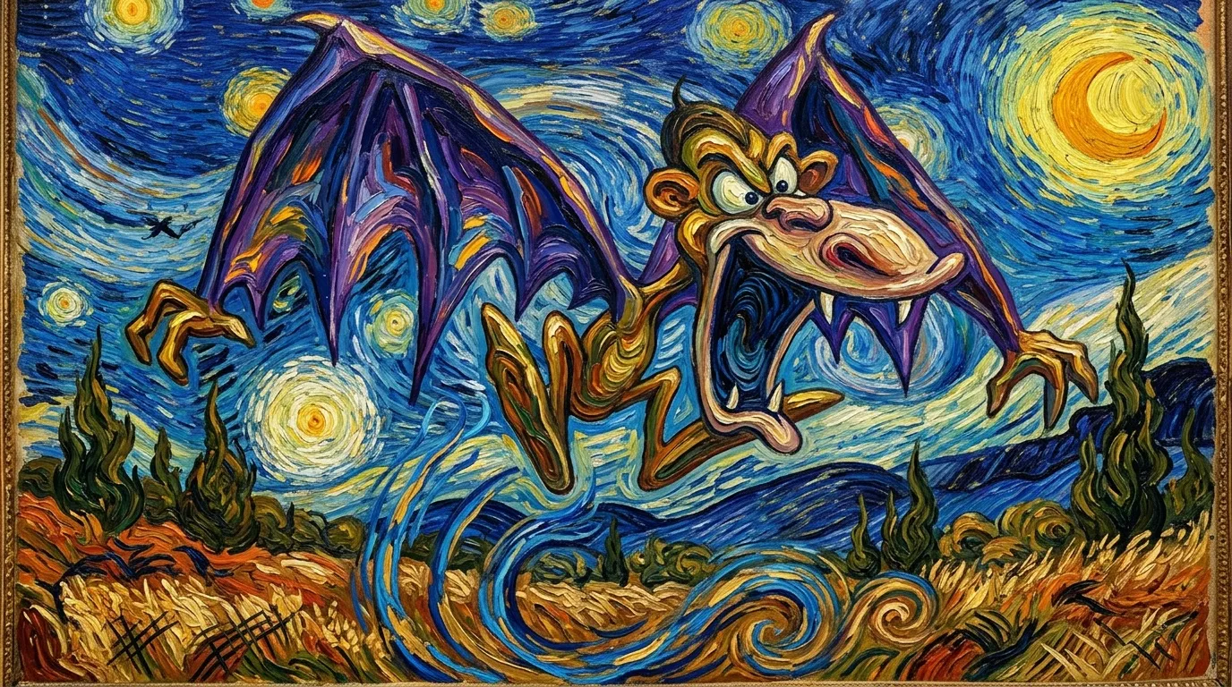 Deux cr&eacute;atures ail&eacute;es volent sous un ciel &eacute;toil&eacute; tourbillonnant