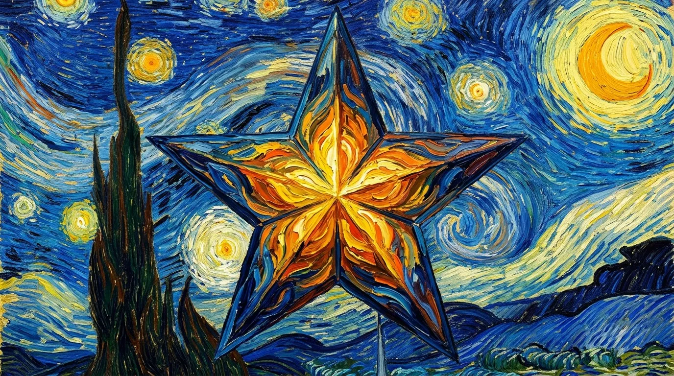 Étoile brillante dans ciel nocturne style Van Gogh avec cyprès