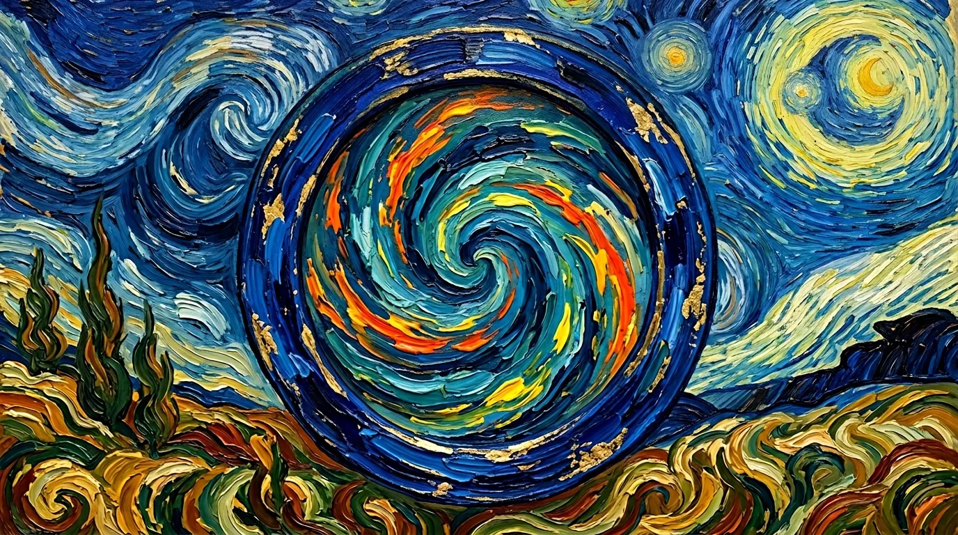 Peinture abstraite avec spirales bleues, jaunes et oranges tourbillonnantes