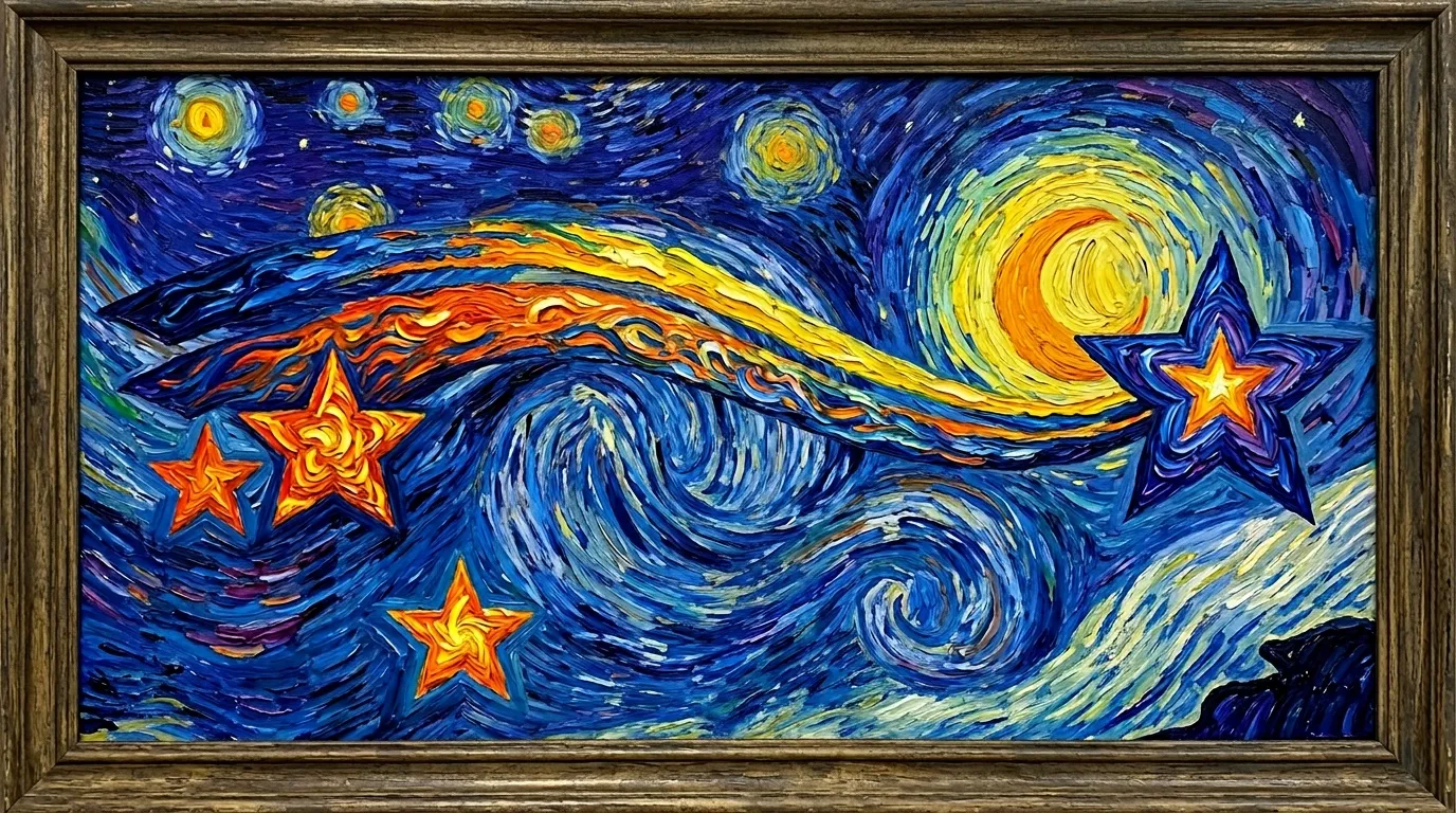 Peinture style Van Gogh avec &eacute;toiles enflamm&eacute;es et ciel tourbillonnant bleu