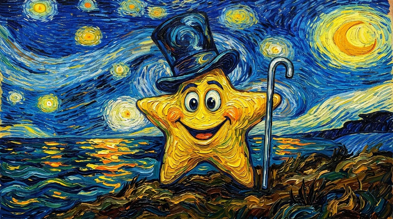 Étoile souriante jaune sous ciel étoilé bleu style Van Gogh