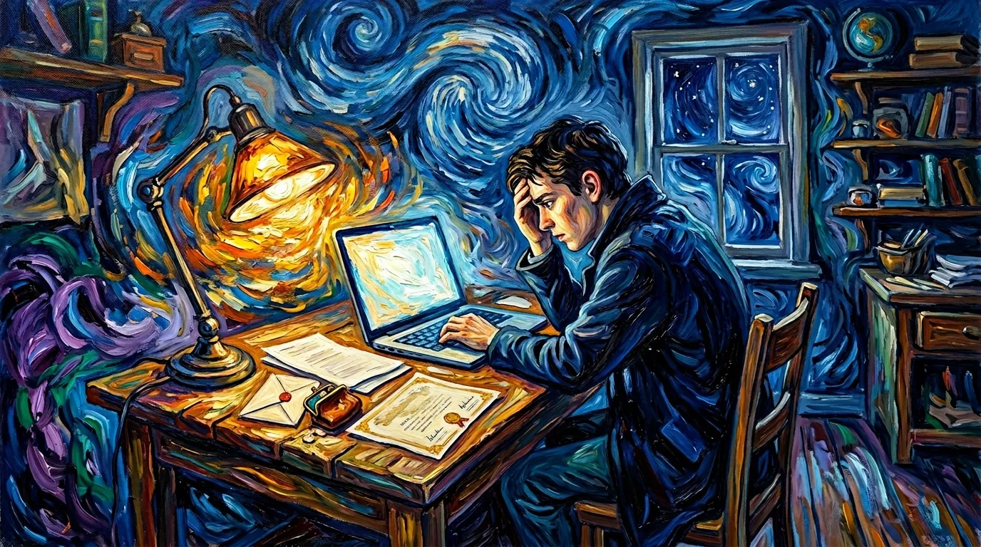 Homme travaillant &agrave; son ordinateur portable tard la nuit