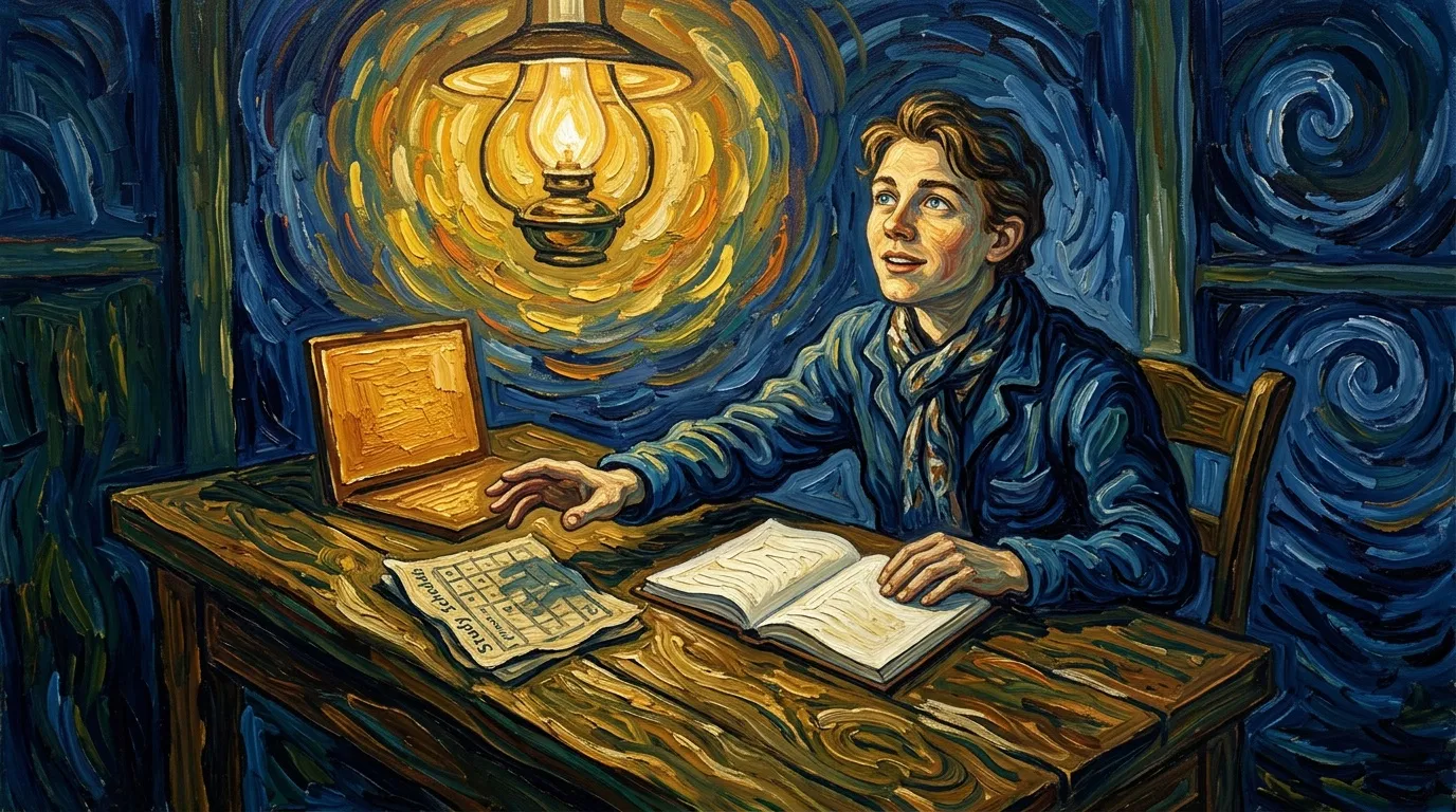 Homme travaillant &agrave; son bureau avec lampe et livres, style Van Gogh