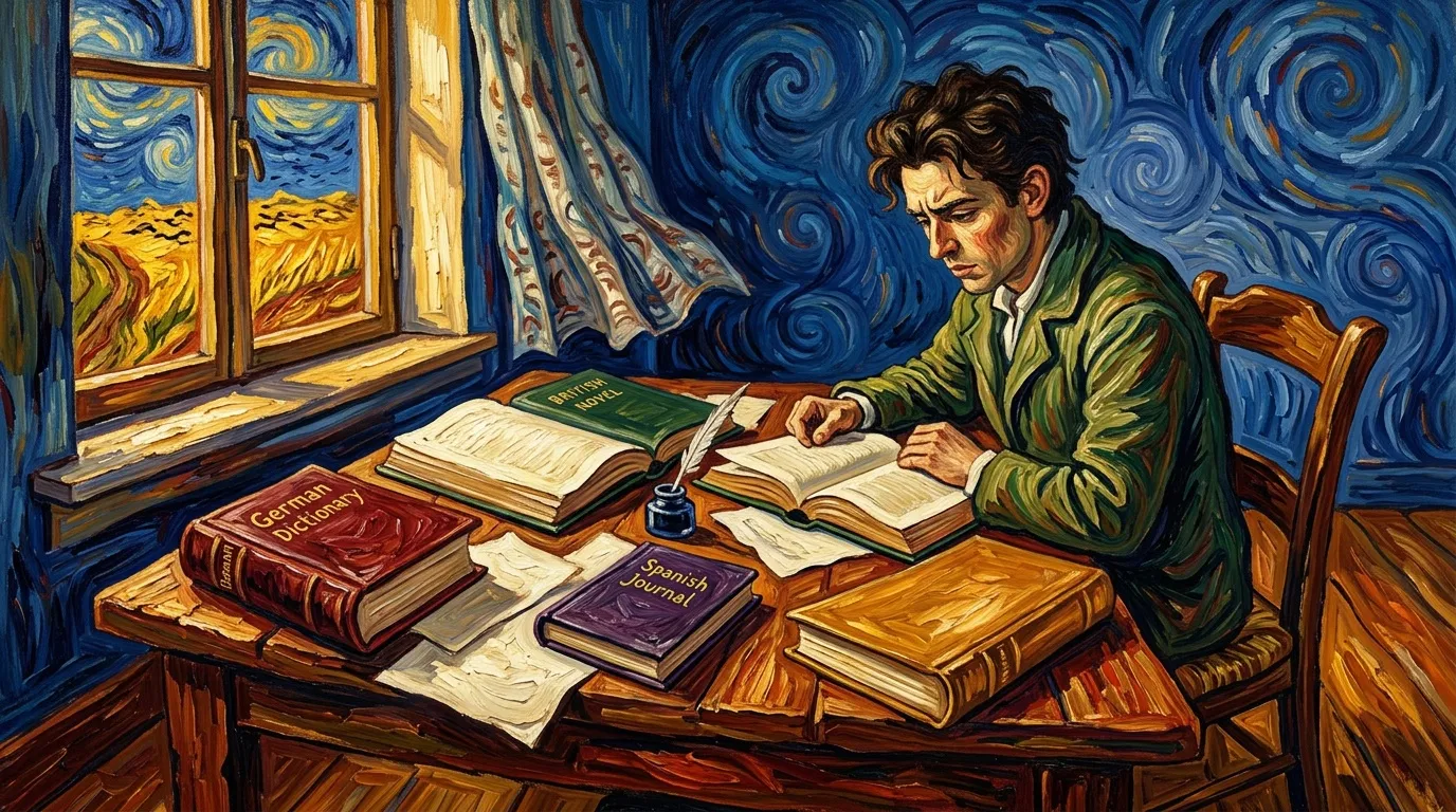 Homme &eacute;tudiant pr&egrave;s d'une fen&ecirc;tre la nuit, entour&eacute; de livres