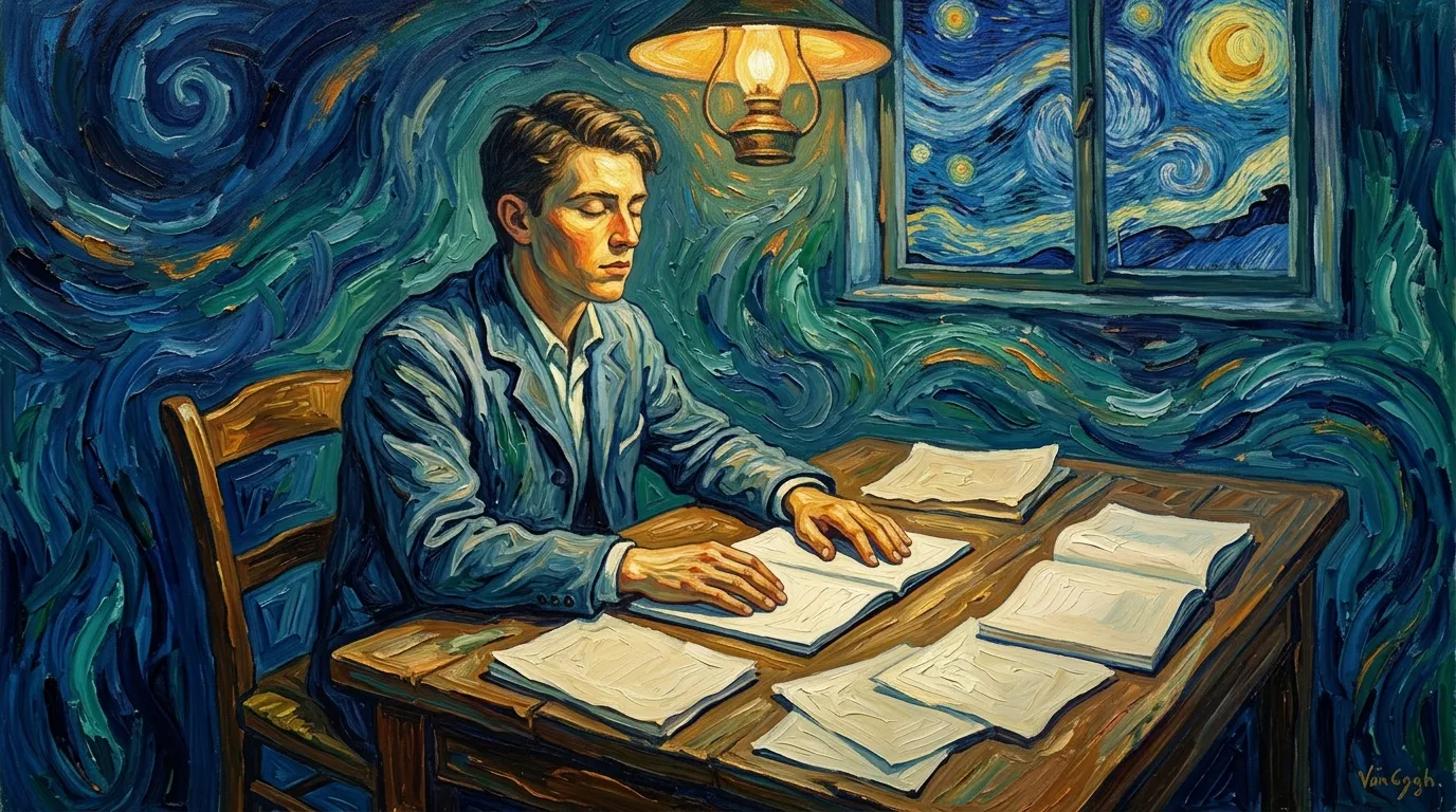 Homme étudiant à table sous lampe, style Van Gogh