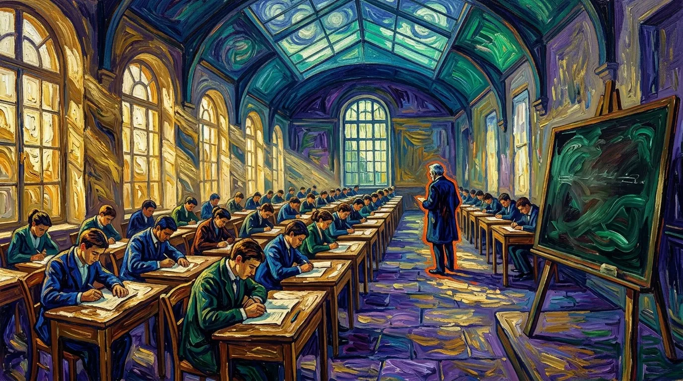 &Eacute;tudiants en uniforme passant un examen dans une salle de classe