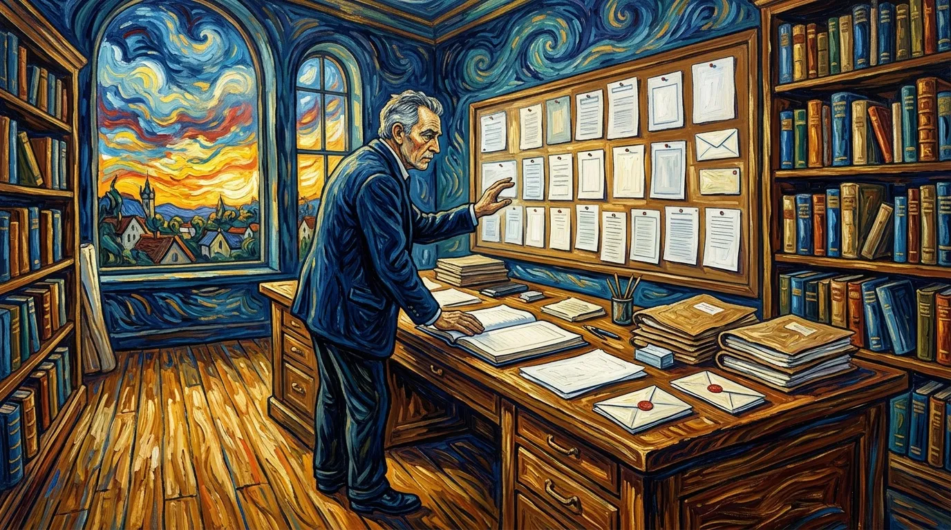 Homme en costume dans un bureau entour&eacute; de livres et documents