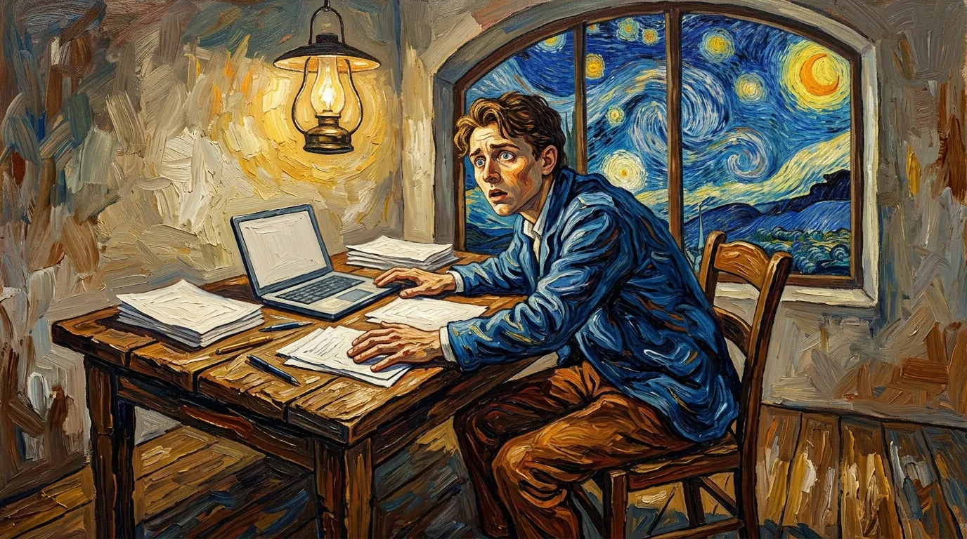 Homme travaillant à son bureau la nuit, inspiré par les étoiles
