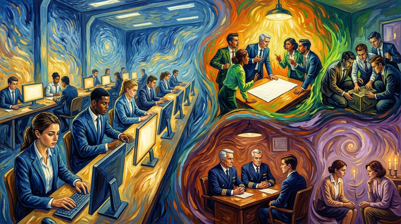 Illustration style Van Gogh montrant diverses scènes professionnelles et réunions d'affaires.