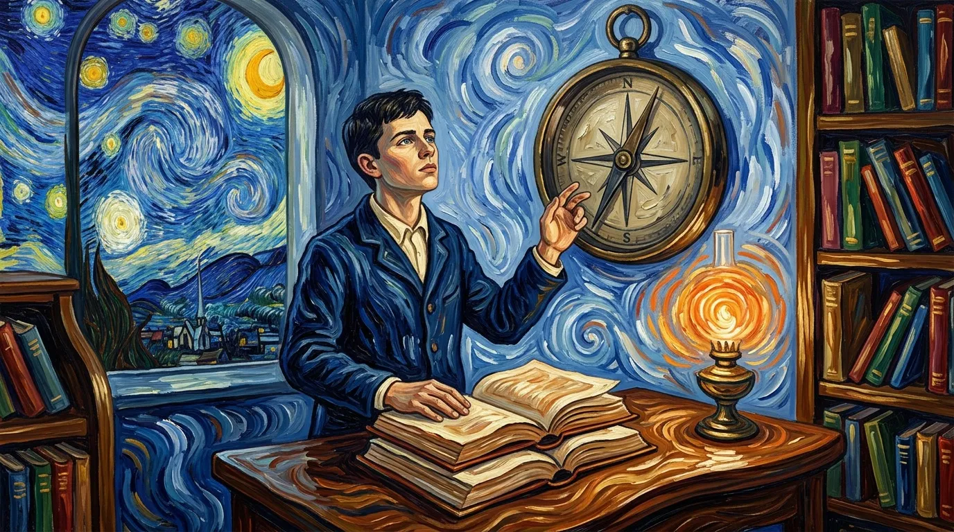 Homme étudiant avec boussole, lampe et livres anciens.