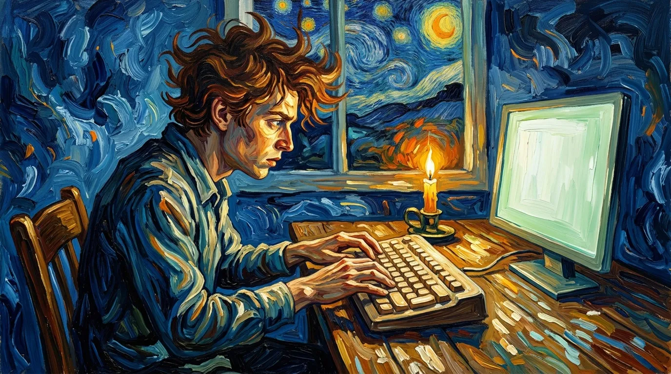 Homme travaillant &agrave; l'ordinateur la nuit, style Van Gogh