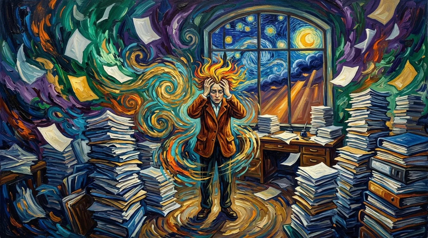 Homme aux cheveux flamboyants entouré de piles de livres colorés