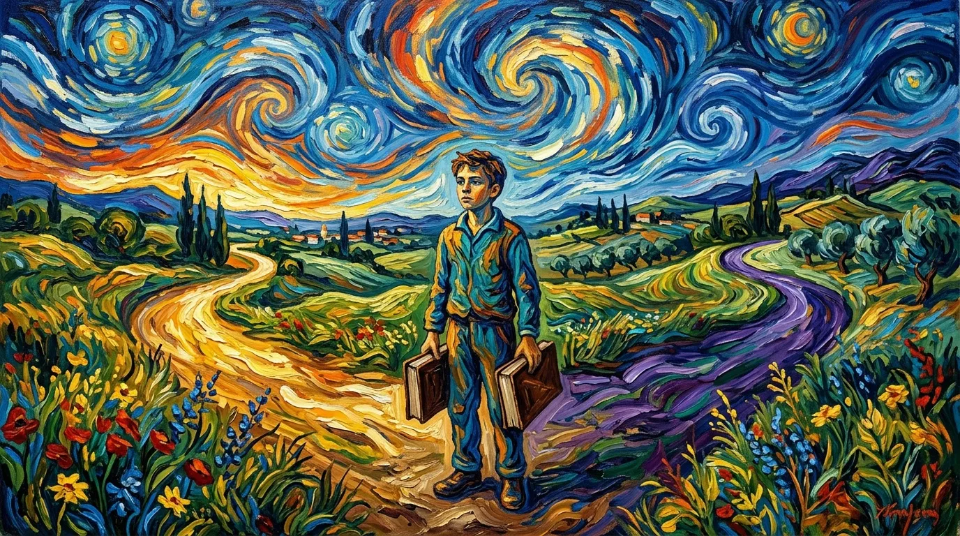 Jeune homme avec valises dans paysage tourbillonnant coloré