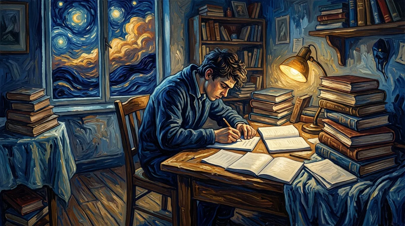 Jeune homme étudiant à son bureau la nuit, entouré de livres
