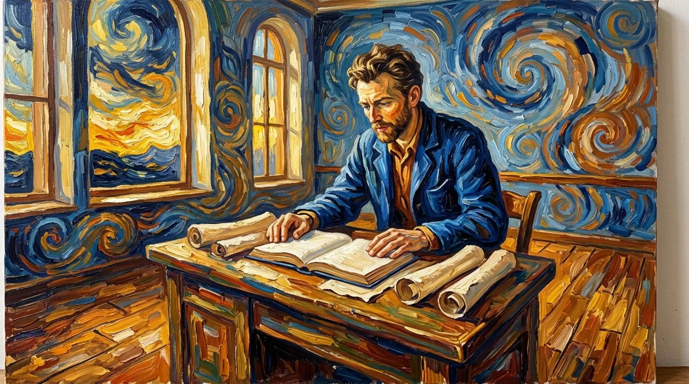 Homme &eacute;tudiant des manuscrits &agrave; table, d&eacute;cor bleu tourbillonnant