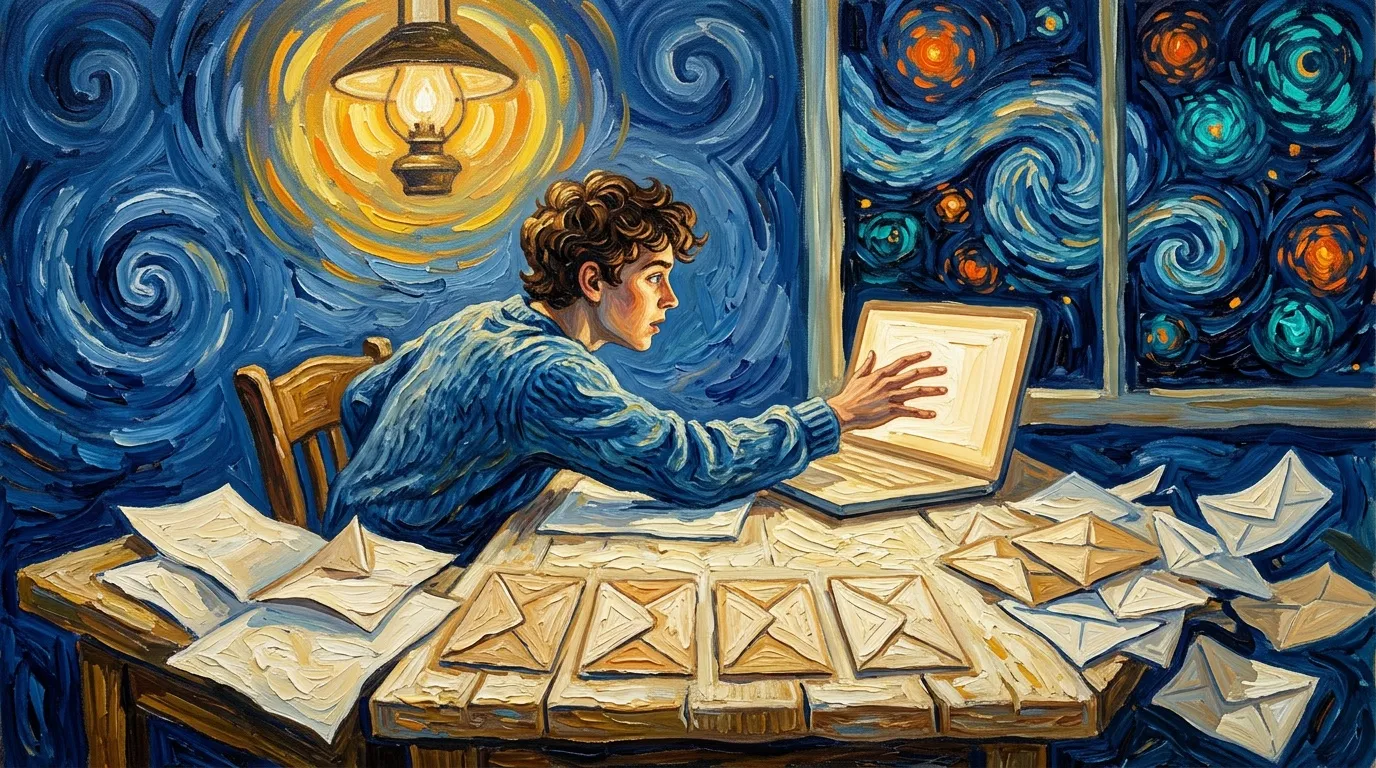 Personne &eacute;crivant des lettres la nuit sous une lampe