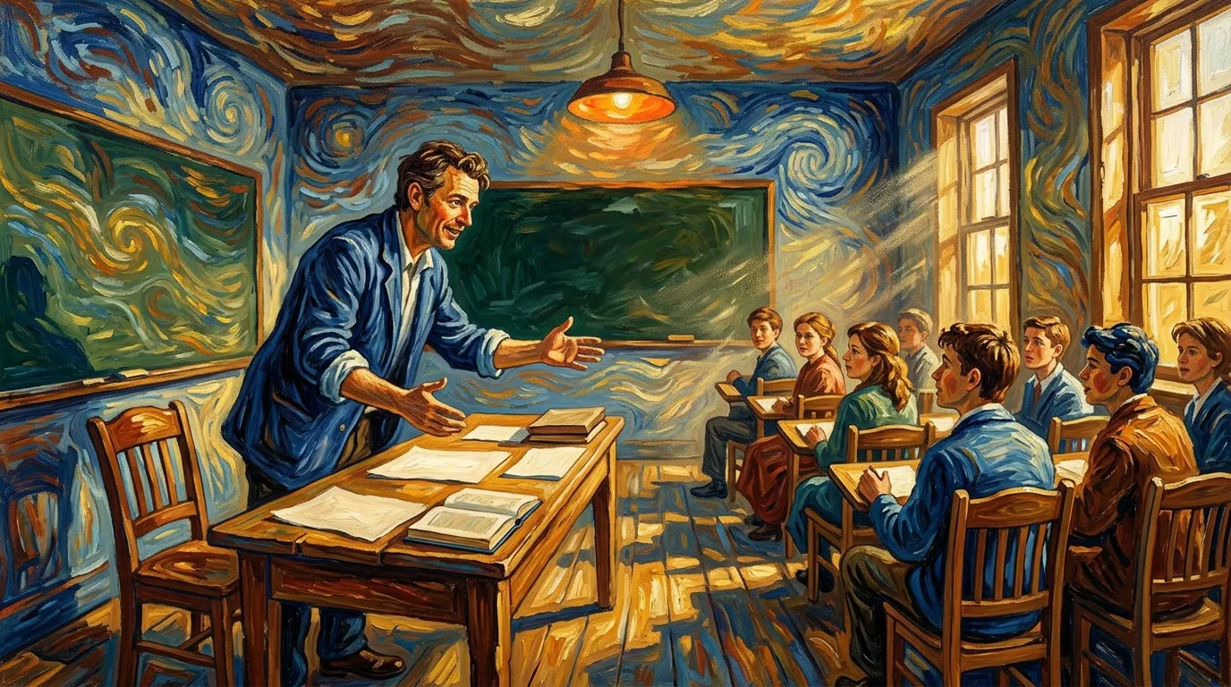 Professeur enseignant à des étudiants dans une salle peinte style Van Gogh