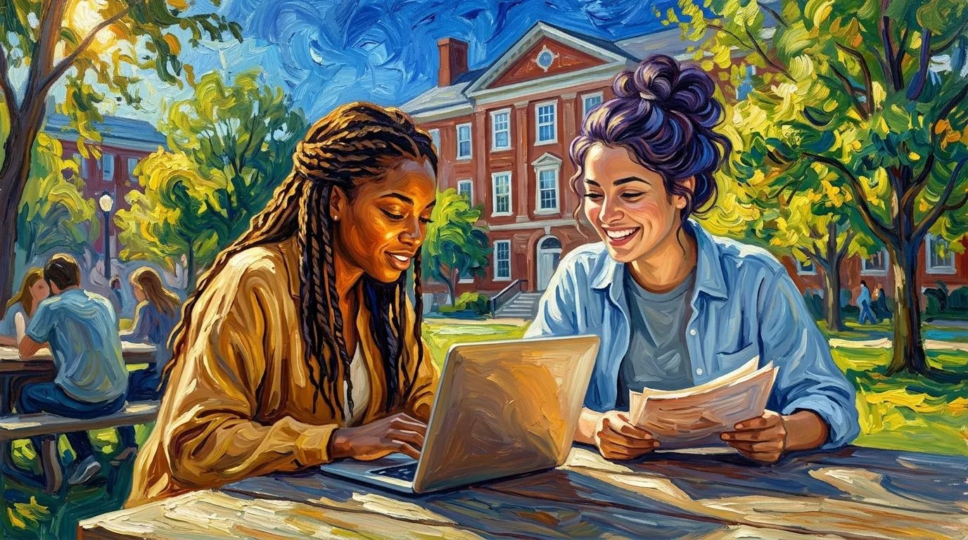 Deux étudiantes travaillent ensemble sur laptop dans un parc universitaire.