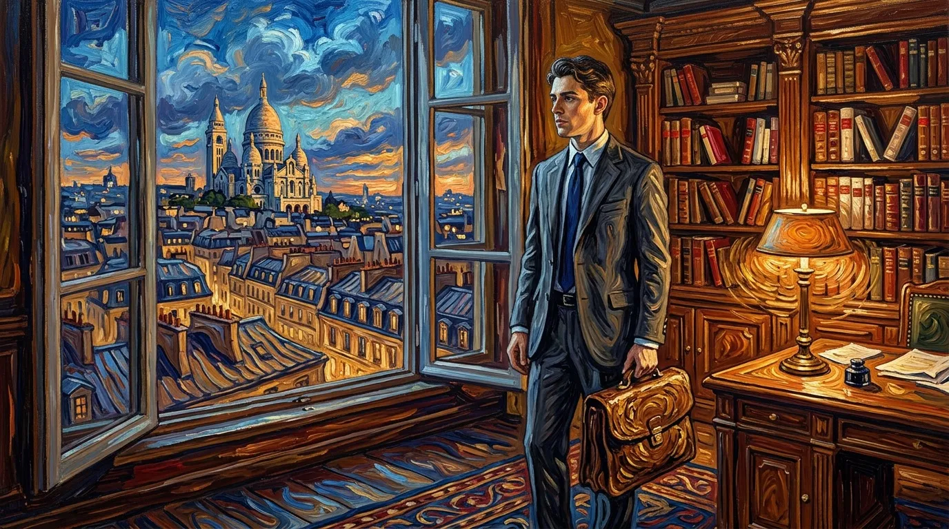 Homme en costume observant Paris depuis une bibliothèque élégante