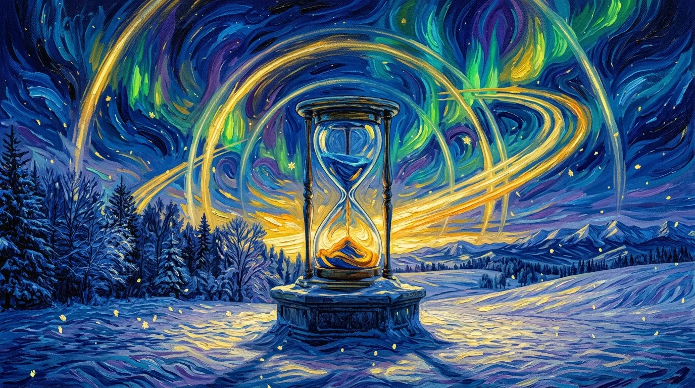 Sablier géant luminescent dans paysage hivernal étoilé