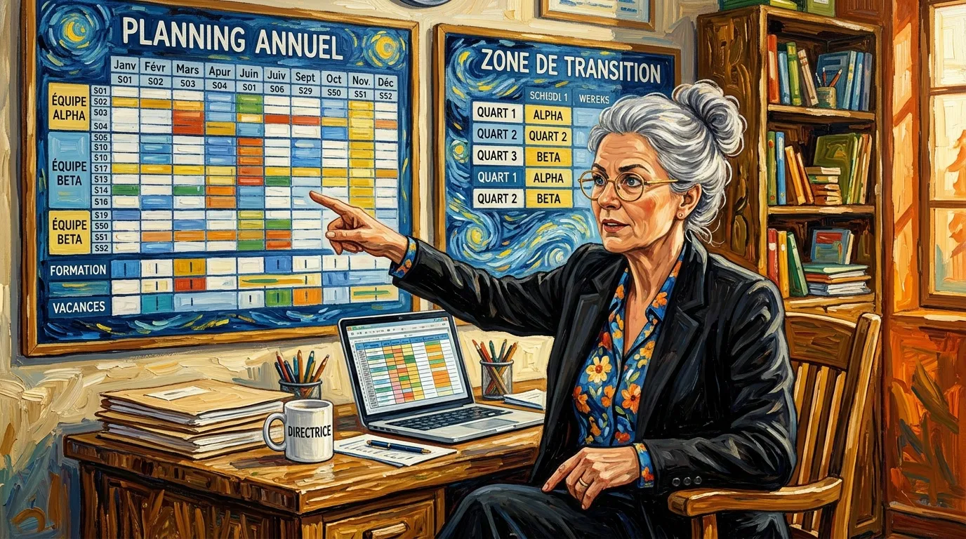 Femme directrice pointant planning annuel au mur