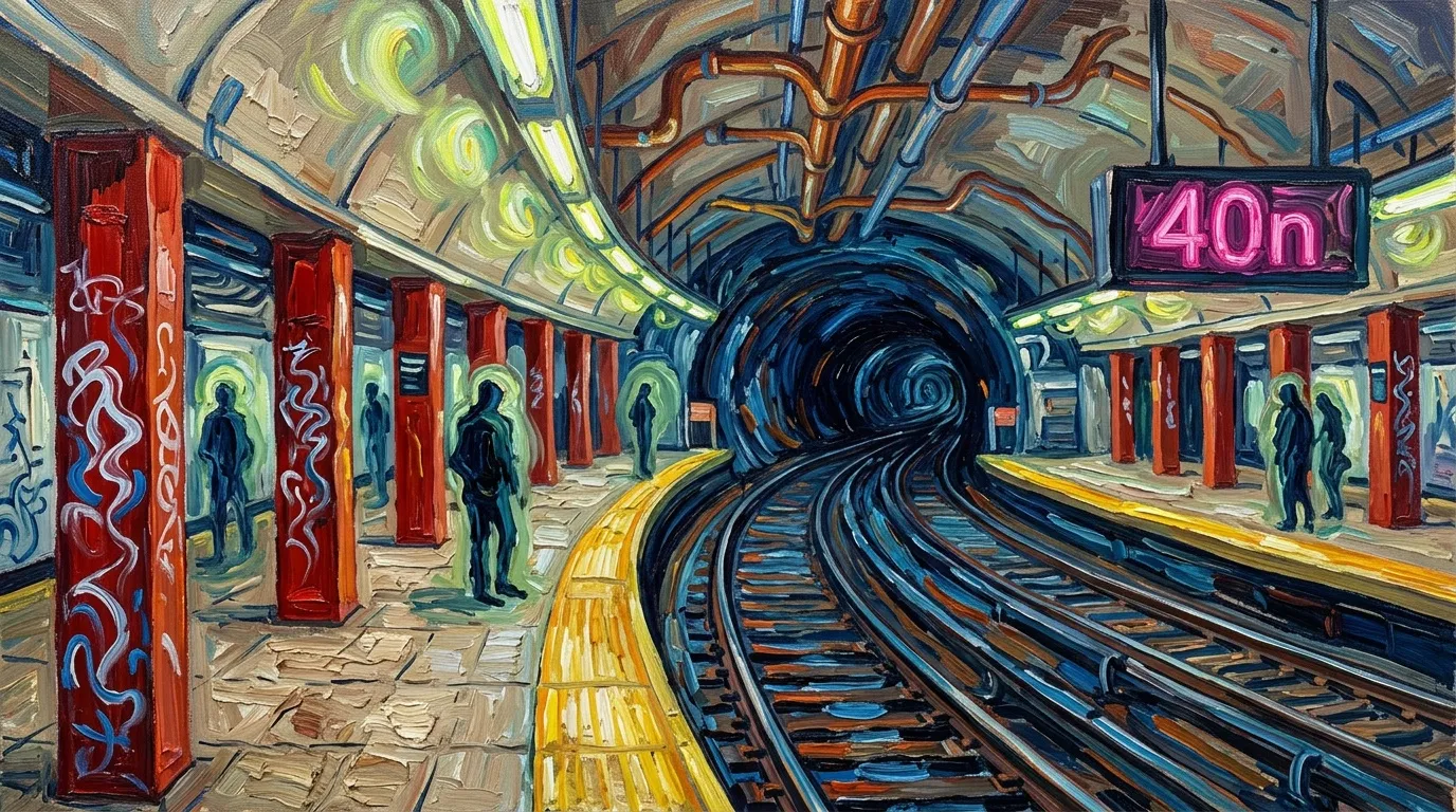 Quai de métro avec colonnes rouges et tunnel bleu