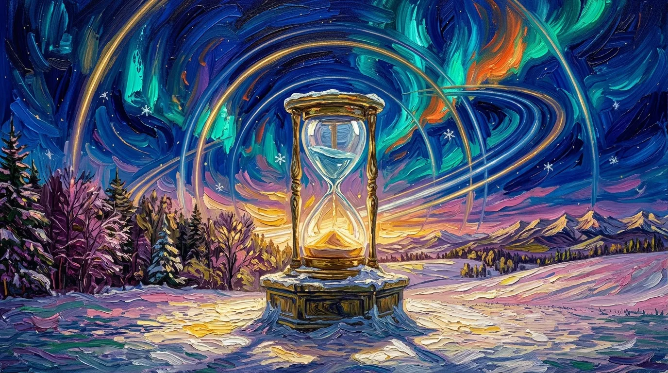 Sablier luminescent dans paysage hivernal avec aurores boréales