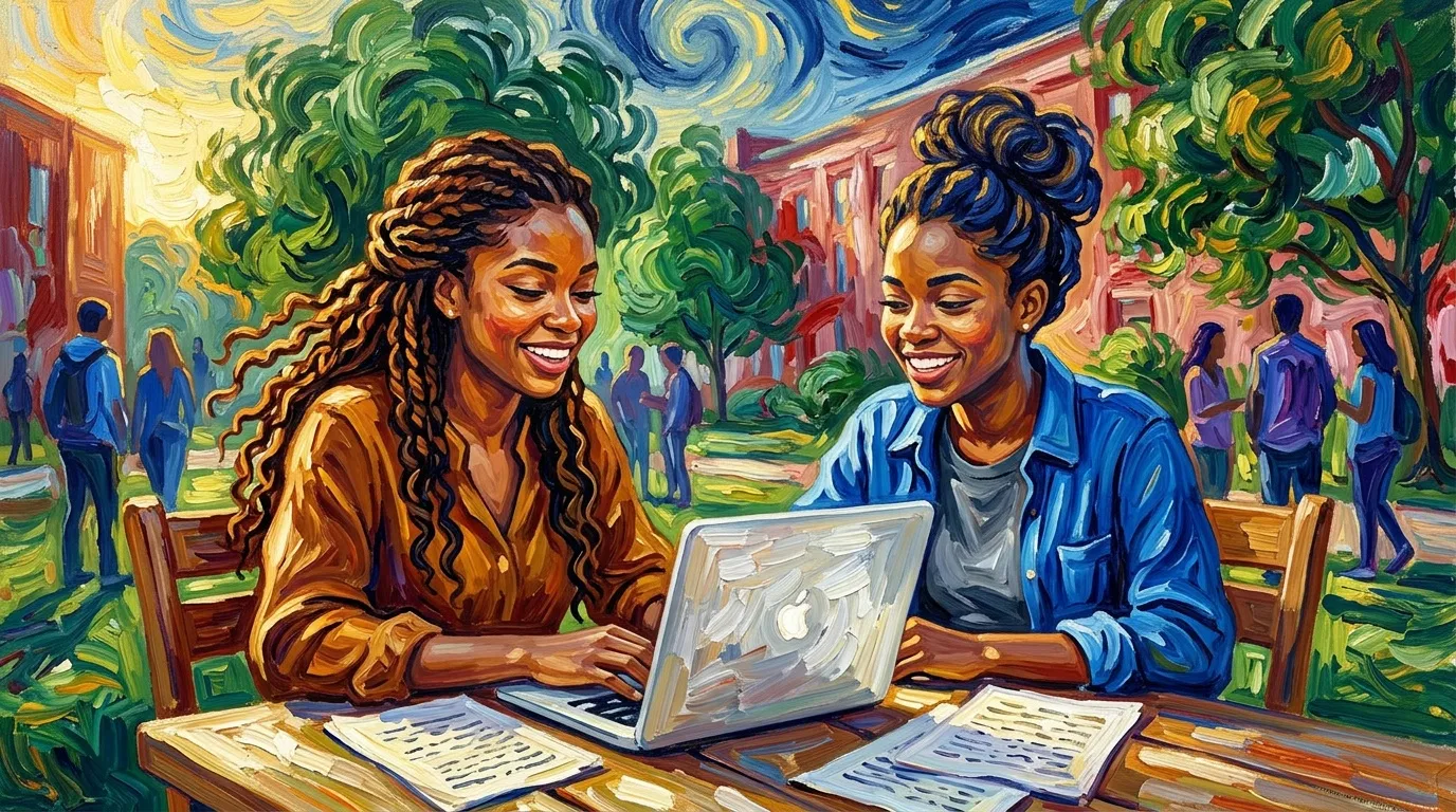 Deux femmes souriantes collaborent sur un laptop en plein air