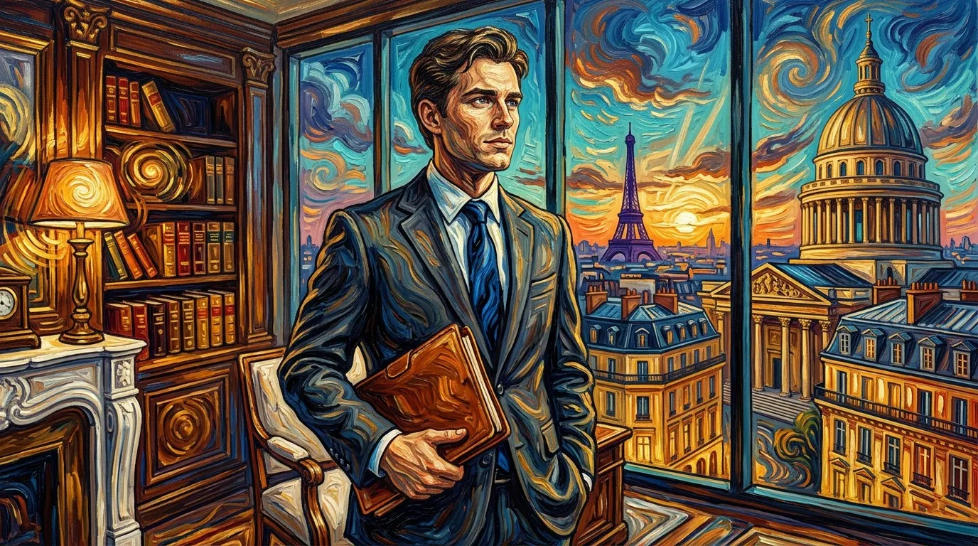 Homme en costume tenant un livre, vue sur Paris et Londres