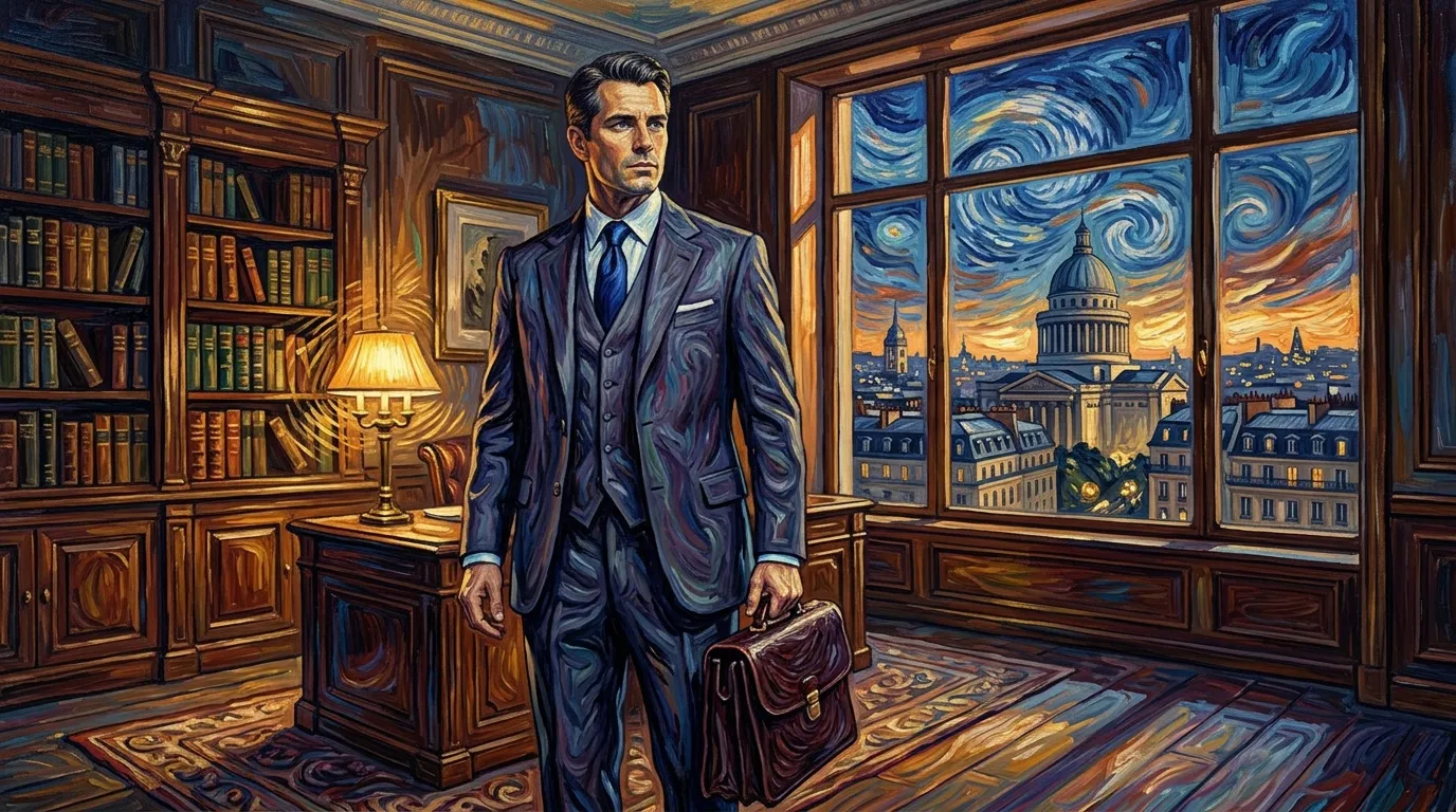 Homme en costume bleu dans bureau luxueux avec vue Capitol