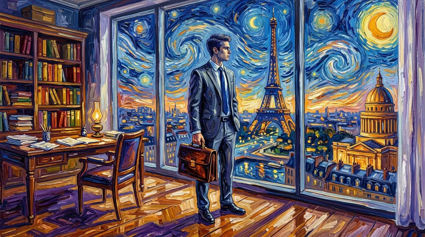 Homme en costume regardant Paris depuis son bureau nocturne