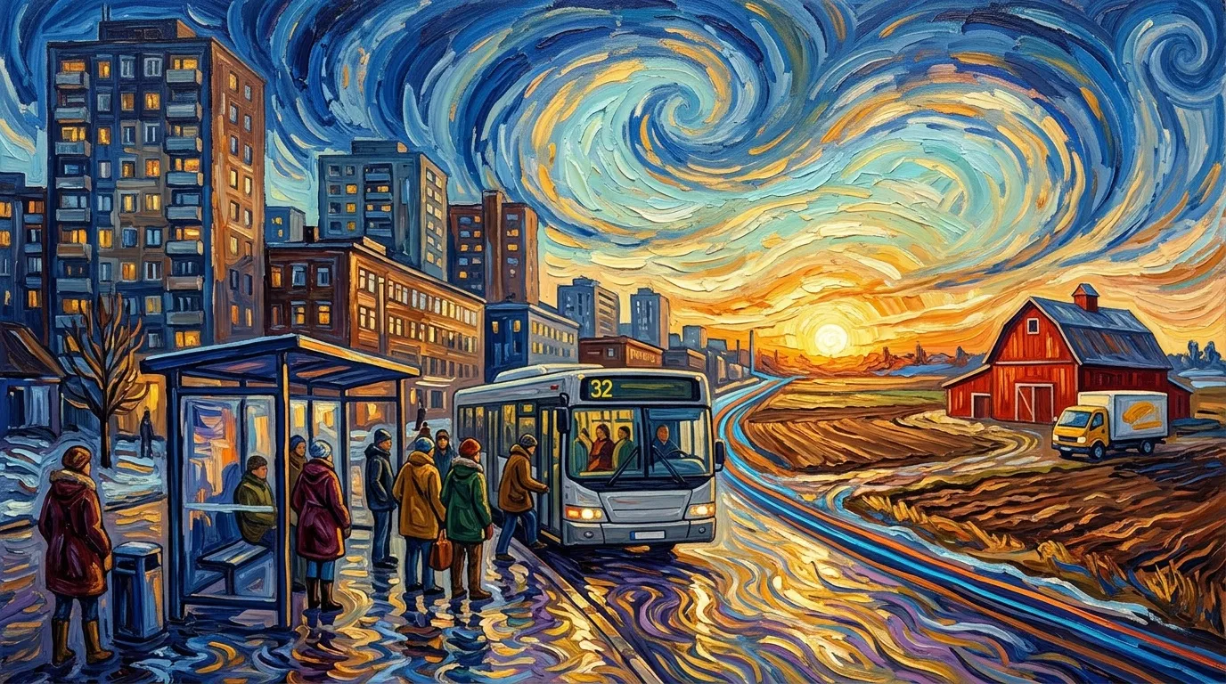 Bus à l'arrêt entre ville et campagne, coucher soleil tourbillonnant